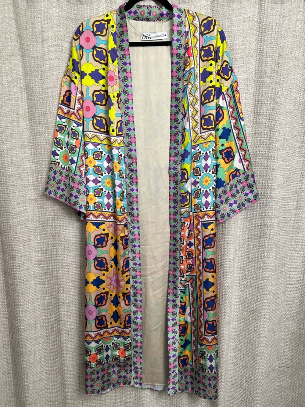 Zara Printed Colorful Satin Belted Kimono Duster Medium Boho Maximalist Festival